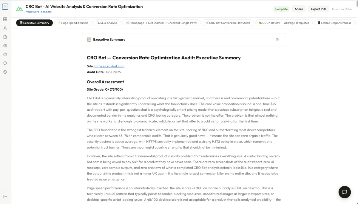CRO Bot website audit executive summary report